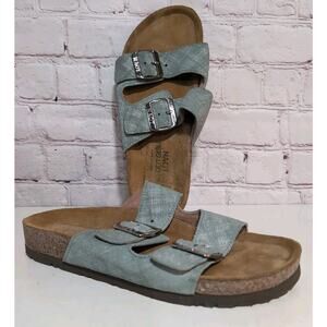 Women's NAOT Santa Barbara Teal Linen Leather Slide 2 Buckle Straps Size 38 US 7